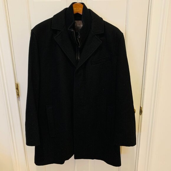 Cole Haan Men's Black Wool-blend Contrast-bib Car Coat Large - Picture 2 of 16